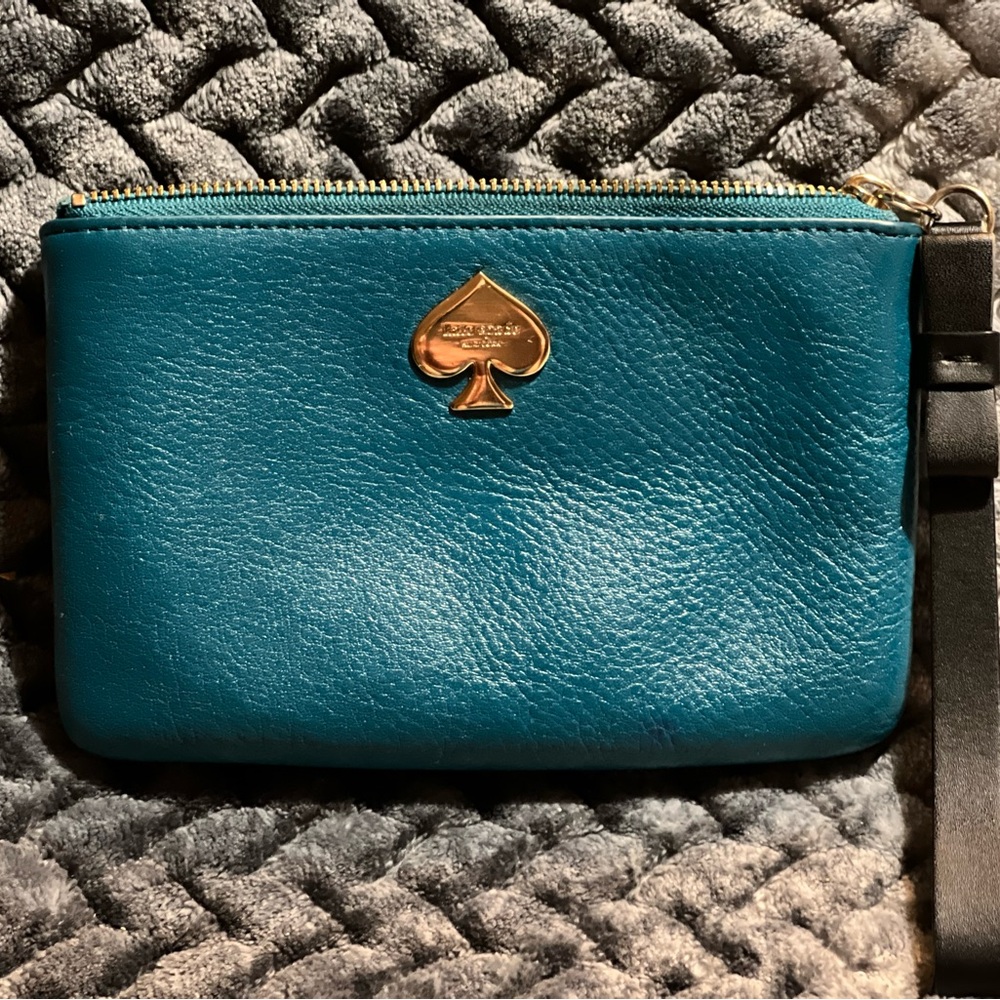 Kate Spade Teal Leather Wristlet with Gold Accent & Bow Detail on Strap.